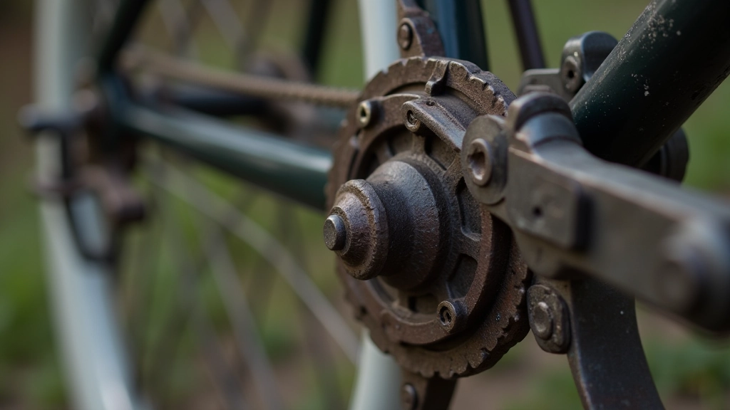 Close-up of vintage bicycle mechanical components and metal details