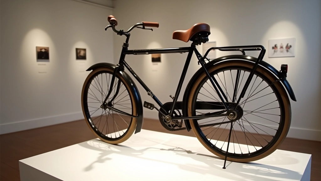 Vēsturisks 1920. gadu velocelis ar drupačiem riteņiem un koka sēdekli, eksponēts Alūksnes stacijā