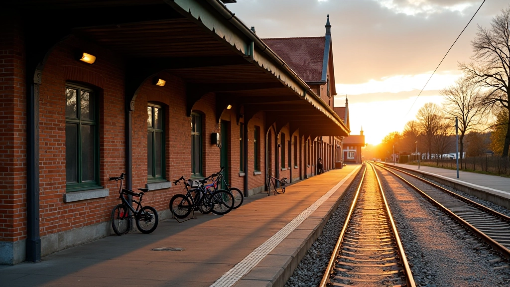 Historic Aluksne railway station building with platform and bicycle storage area