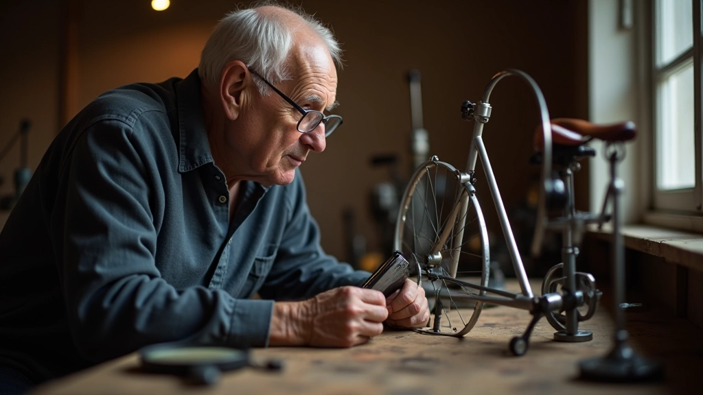 Elderly person examining vintage bicycle with gentle care in museum setting
