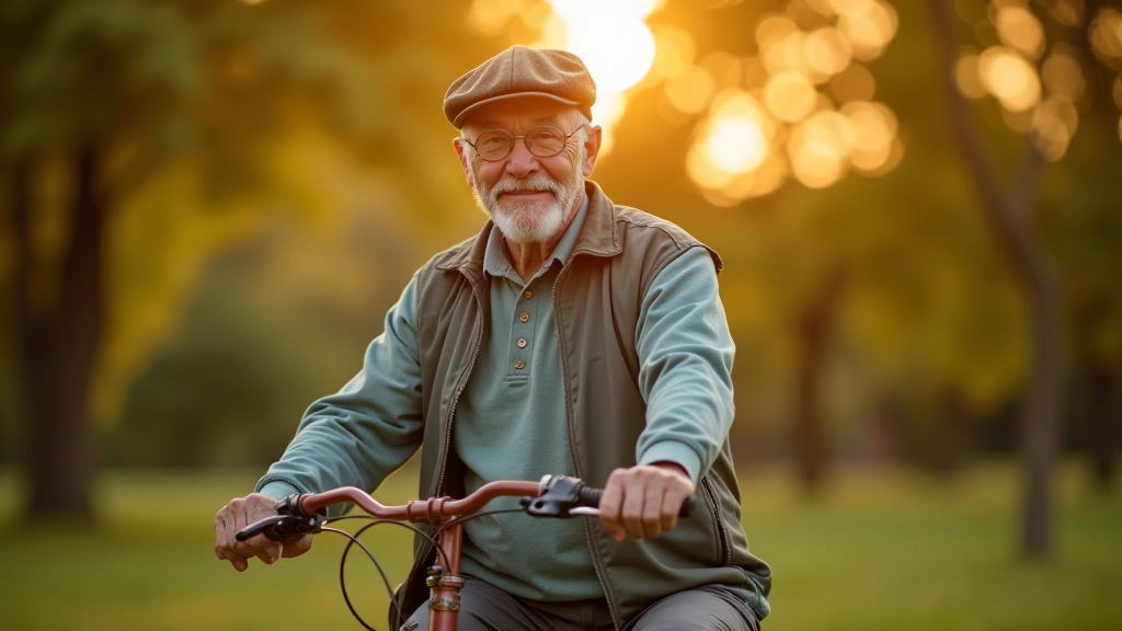 Pensionārs smaidošs, sēžot uz vecā modeļa velocipēda skaistā parku iestatījumā, ar brīvības izjūtu